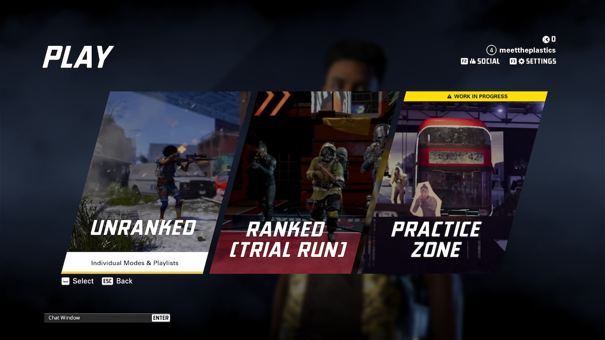 The Play screen in XDefiant, displaying the Unranked, Ranked and Practice Zone game modes