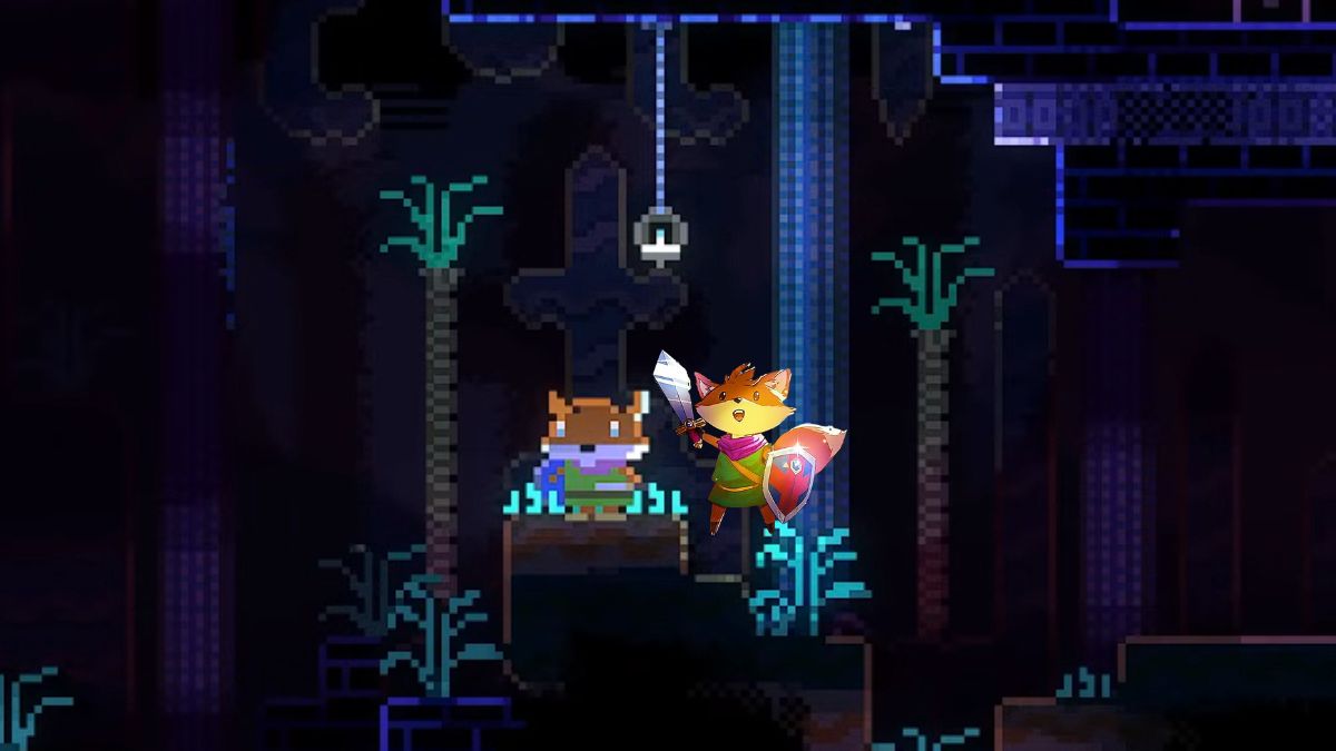 An Animal Well player using the Tunic Easter egg standing beside the fox from Tunic