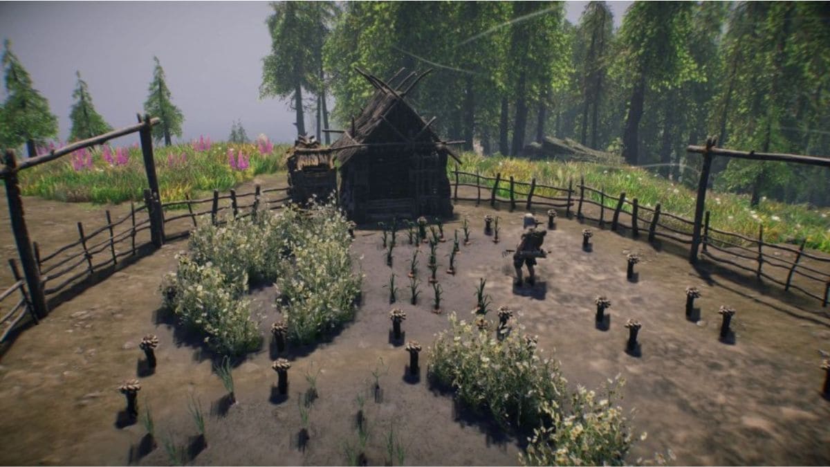 Screenshot of a farm and hut in ASKA