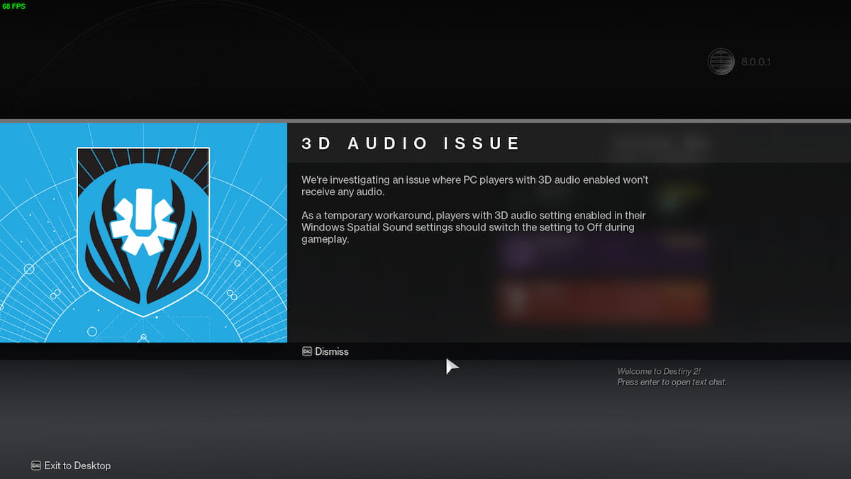 Audio not working warning by Bungie