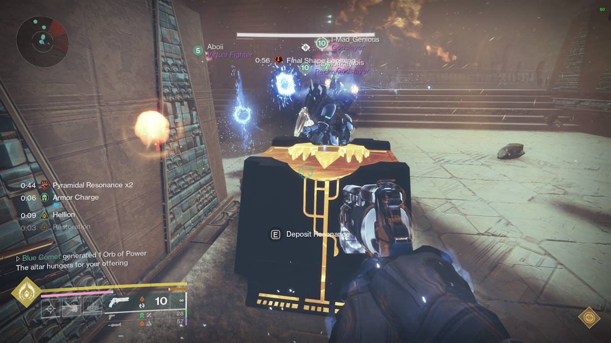Interacting with a Resonance Box for Salvation's Edge in Destiny 2.