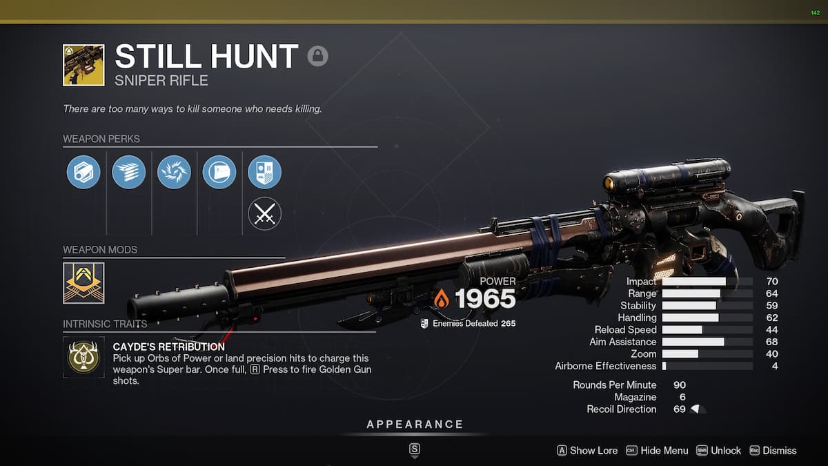 Inspection screen of the Still Hunt rifle in Destiny 2.