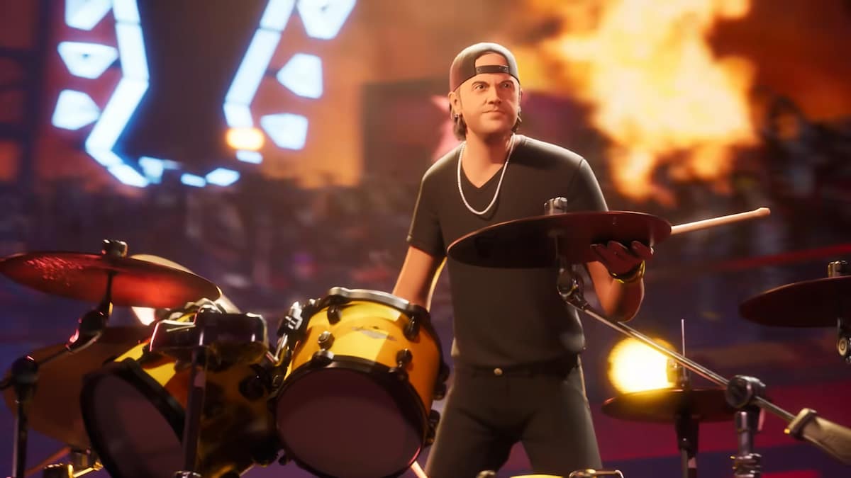 Lars Ulrich playing drum in Fortnite Festival
