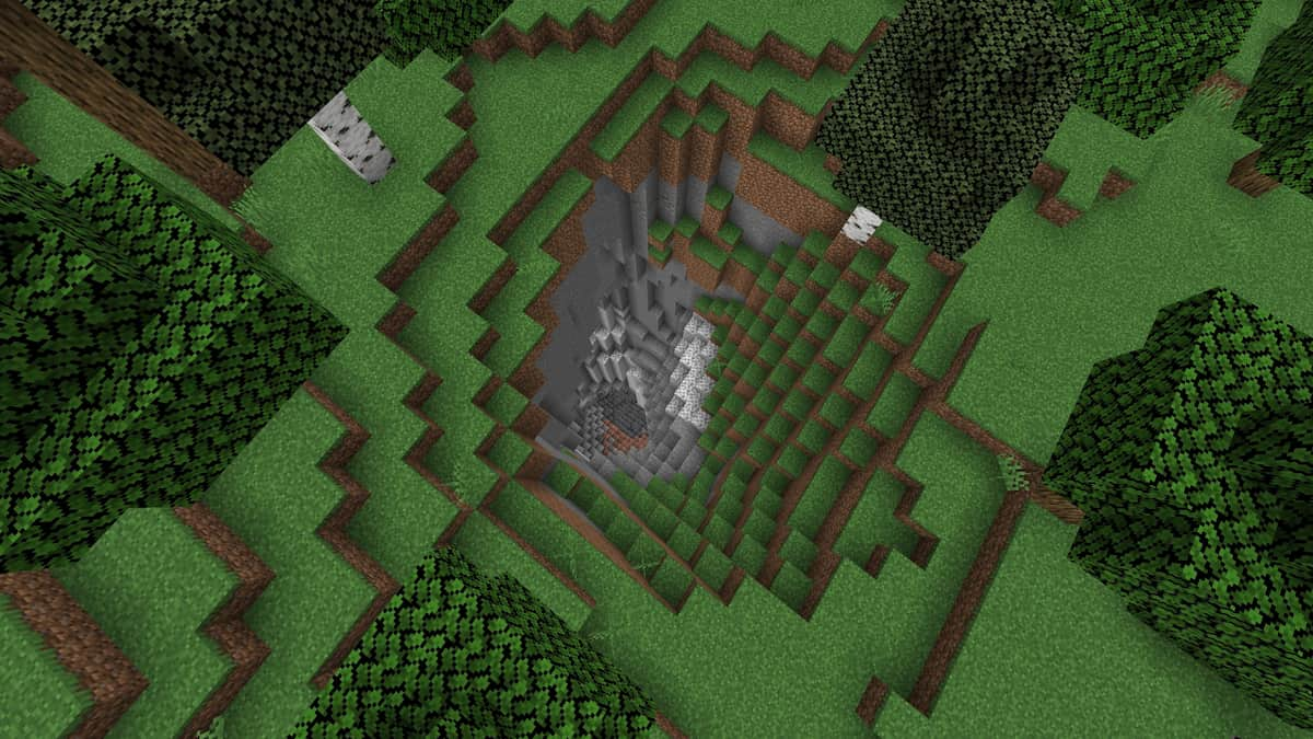 A circular Minecraft cave dropping from the surface straight to deepslate