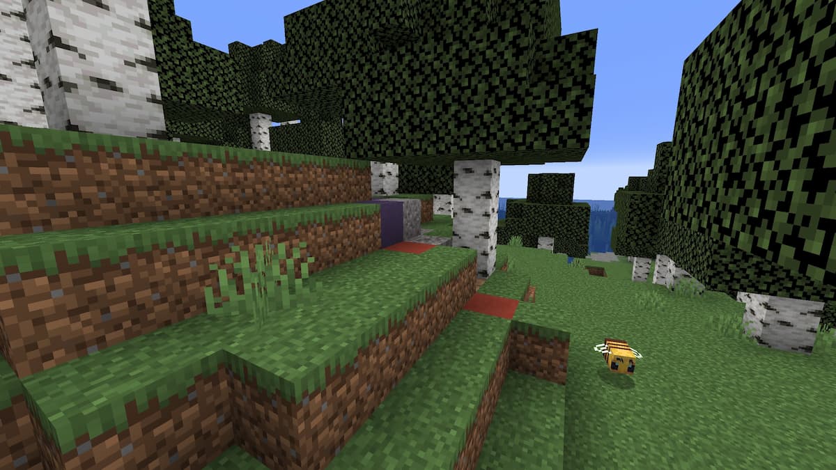 A set of purple trail ruins in a Minecraft birch forest with bees