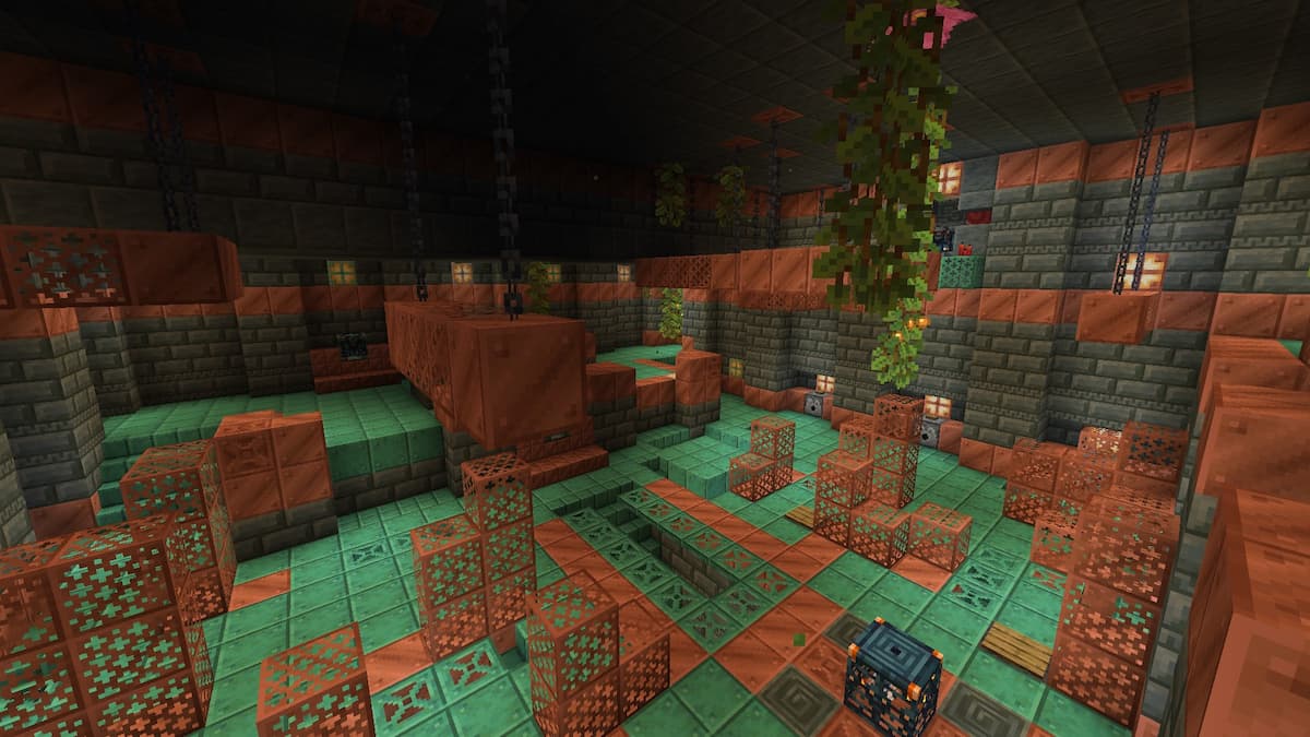 Trial Chambers beneath a Taiga, a mineshaft, and a Lush Cave