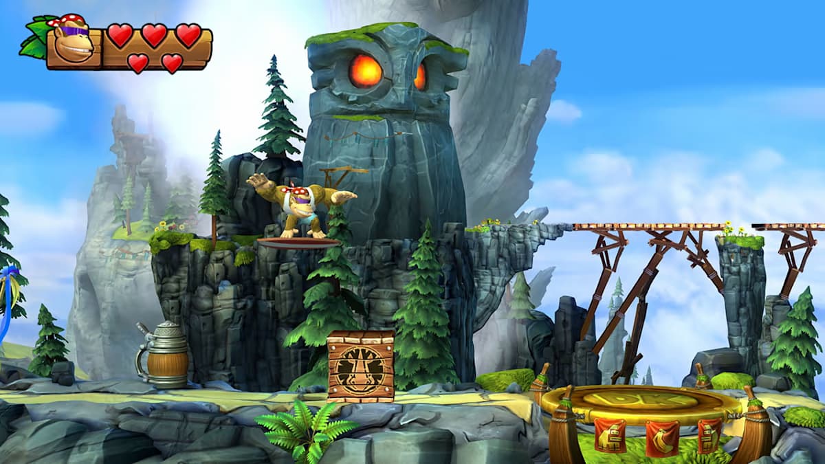 Funky Kong surfing through the sky in Donkey Kong Country Tropical Freeze