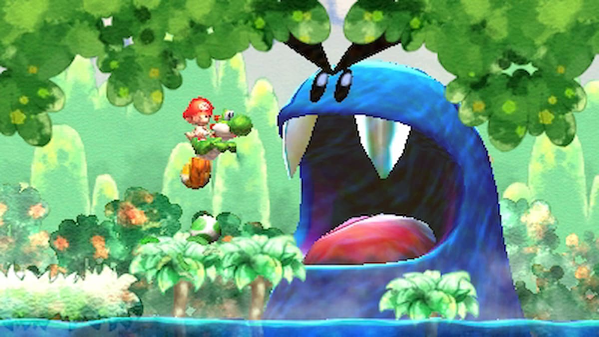 A screenshot of Yoshi and Baby Mario from the Yoshi's New Island game