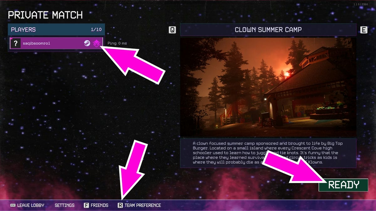 Arrows showing settings to get XP in private lobby in Killer Klowns from Outer Space
