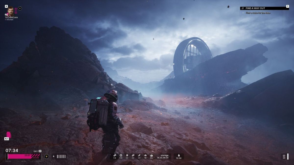 In-game screenshot of player on alien planet in The Alters