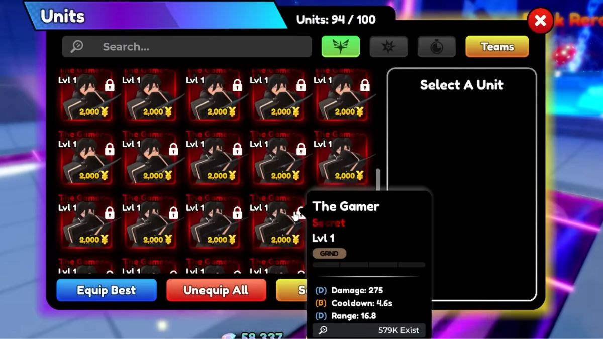 Anime Defenders units menu filled with The Gamer secret unit due to bug