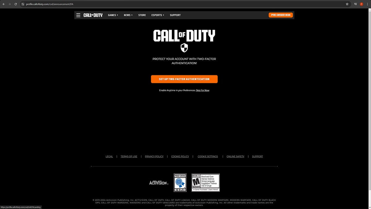 Call of Duty account two-factor authentication prompt