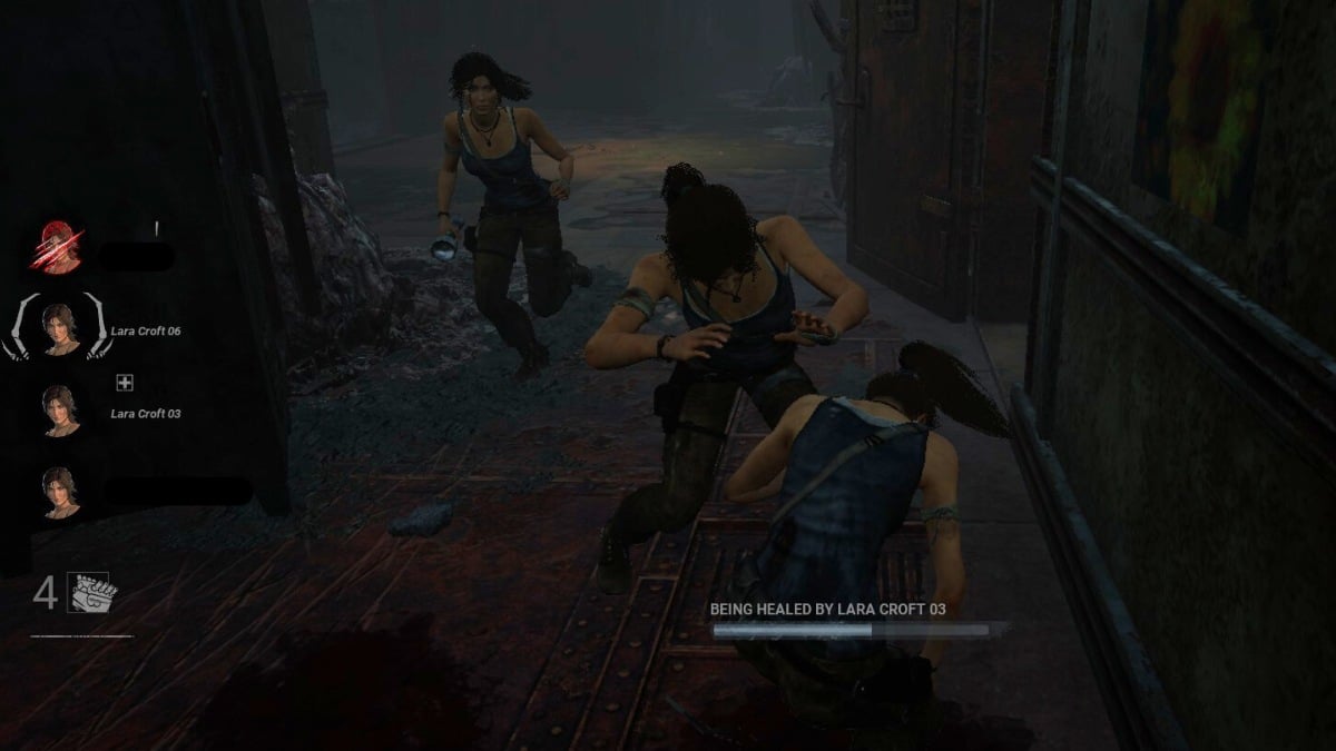 Lara Croft being healed by Lara Croft bots in Dead by Daylight