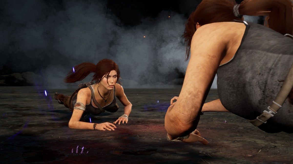 Lara Croft crawling on the floor in Dead by Daylight