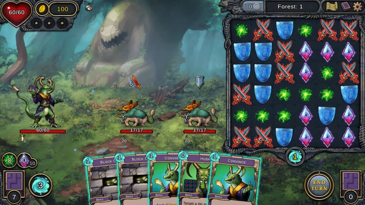 Demon's Mirror gameplay. A hand of cards at the bottom of the screen, and a match game on the right.