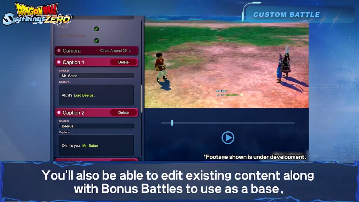 Dragon Ball Sparkling ZERO custom battle mode being showcase with dialogue being written