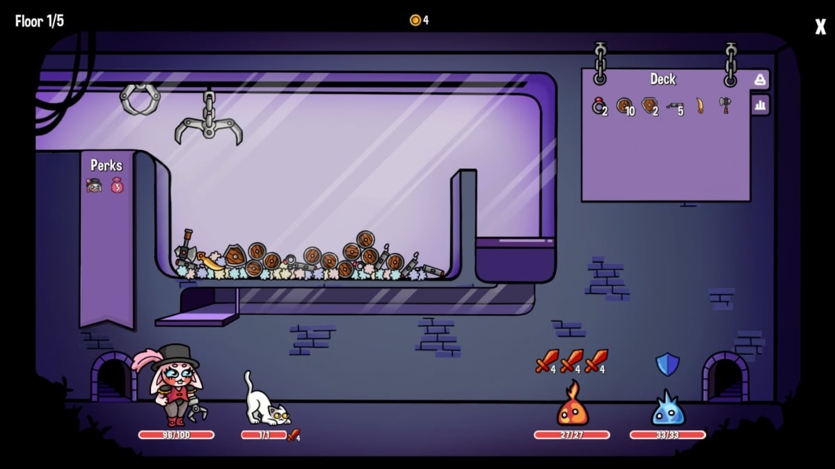 Dungeon Clawler gameplay. A battle takes place below a claw machine filled with attacks and shields.