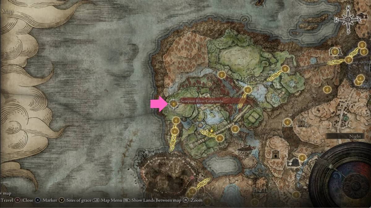 The in-game Elden Ring map showing the location of the Scorpion River Catacombs