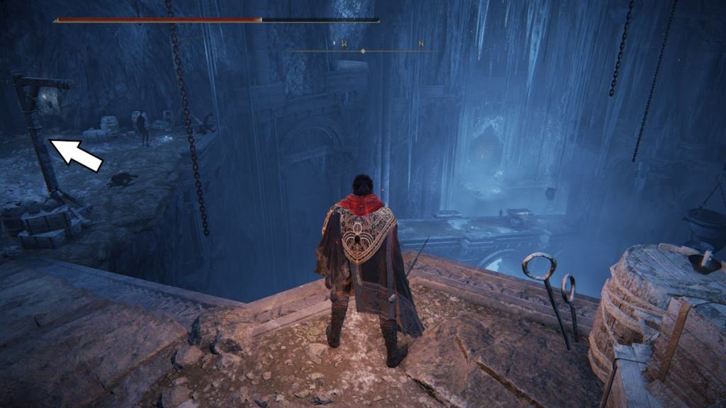 An overview of the boss gate area in the Bonny Gaol in the DLC for Elden Ring.