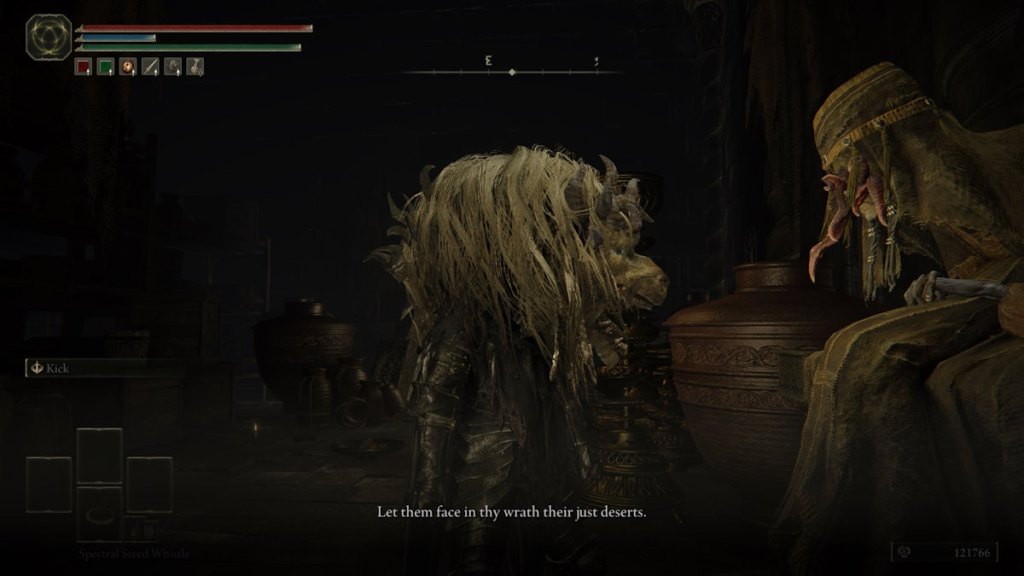 Talking to the NPC wearing the Divine Beast Head in the DLC for Elden Ring.