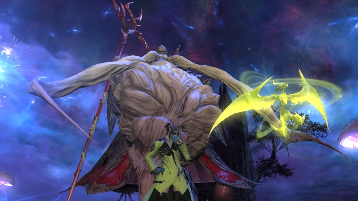 In Final Fantasy XIV, a Summoner stands in front of the primal Ramuh