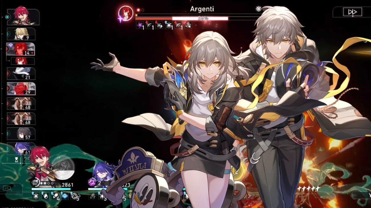 Caelus and Stelle (Harmony) bowing in front of a HUGE Break DMG against Argenti in Honkai Star Rail