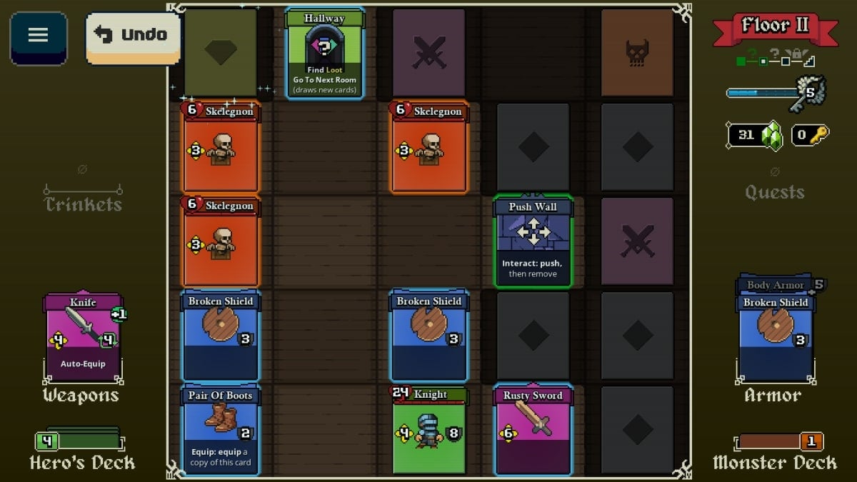Lost For Sword gameplay. A dungeon full of cards for enemies, weapons, and armor.