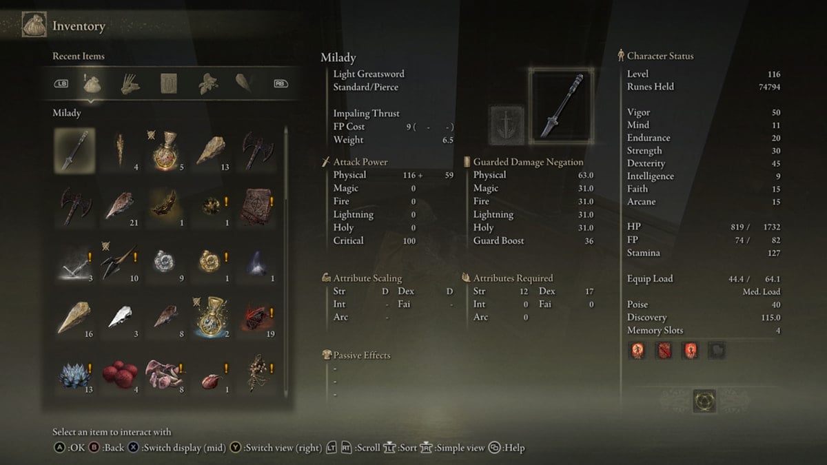 The Milady Light Greatsword weapon in Elden Ring Shadow of the Erdtree with full stats and details