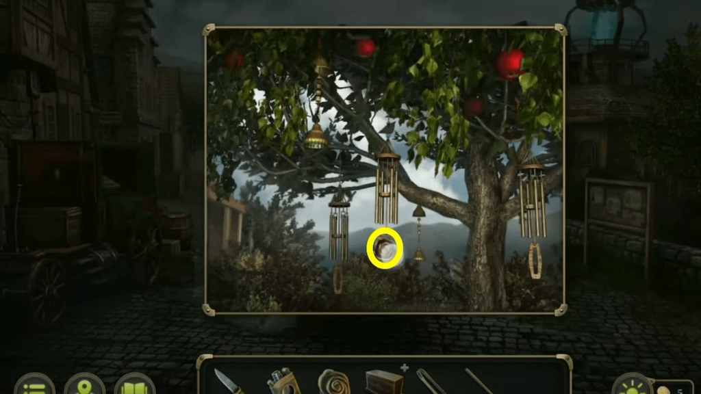 Town tree wind chimes evidence in Mystery Detective Adventure