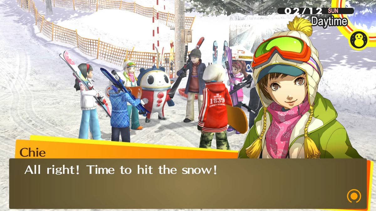 Persona 4 Golden character Chie getting ready for skiing with friends