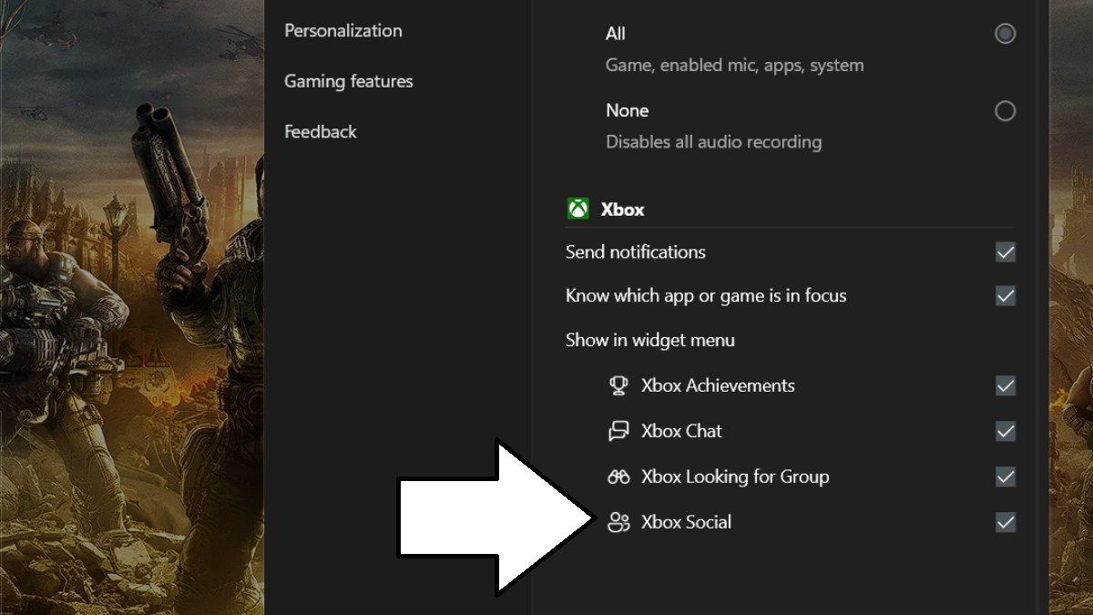 Xbox Game Bar widget settings including the Social tab option