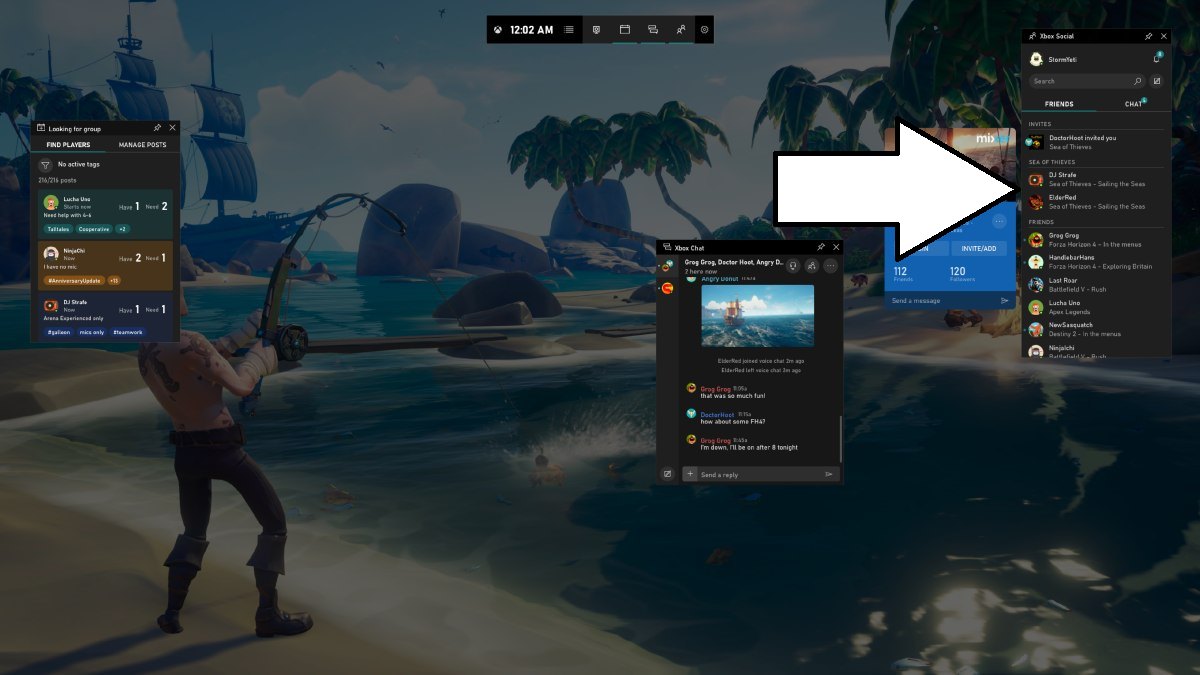 Xbox Game Bar with the Socials tab on the far right