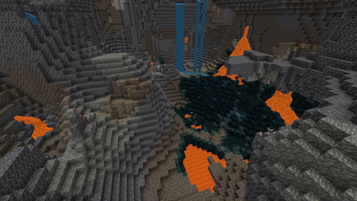 A Deep Dark biome filled with lava pools in Minecraft