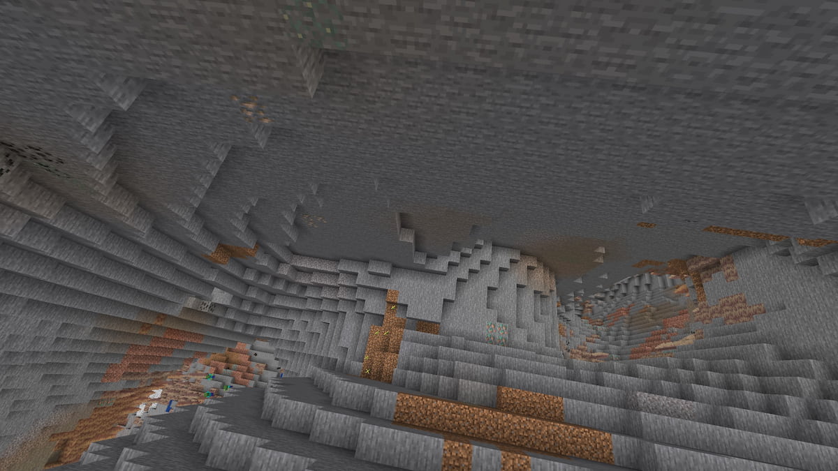 A large cave in Minecraft with two tunnels