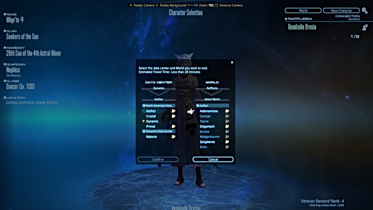 Data Center travel submenu in Final Fantasy XIV