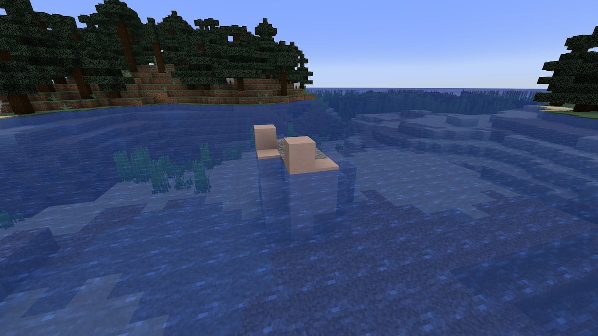 A set of Trail Ruins in a Taiga biome river in Minecraft