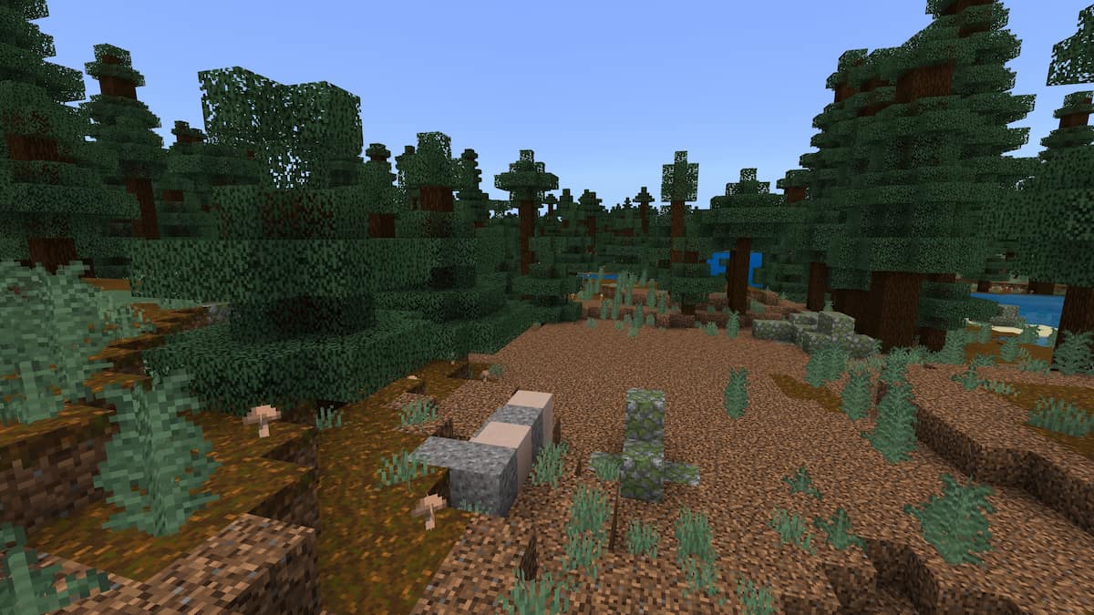 A set of Trail Ruins in a Minecraft Taiga