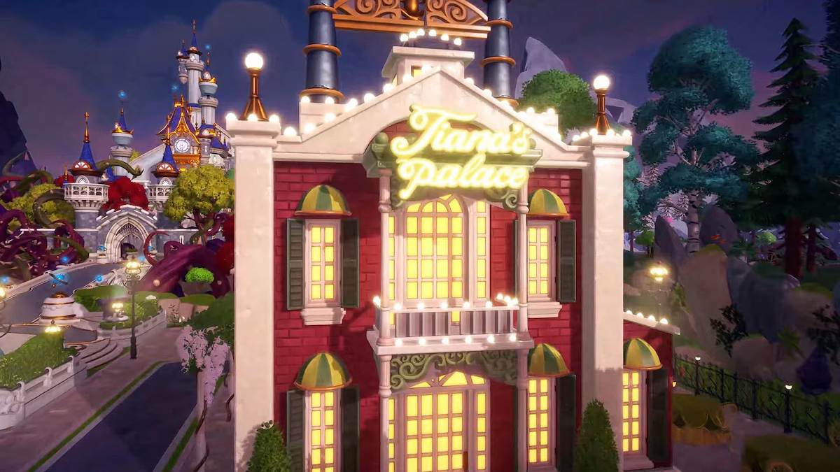 A close-up of Tiana's Palace at night in Disney Dreamlight Valley.