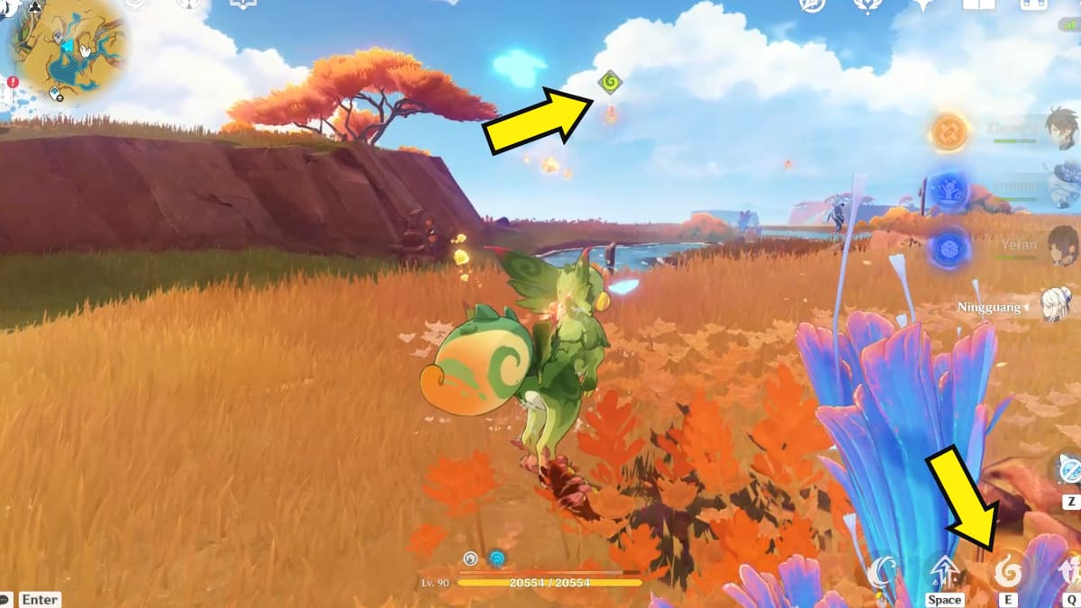 Genshin Impact arrows pointing to yumkasaur controls