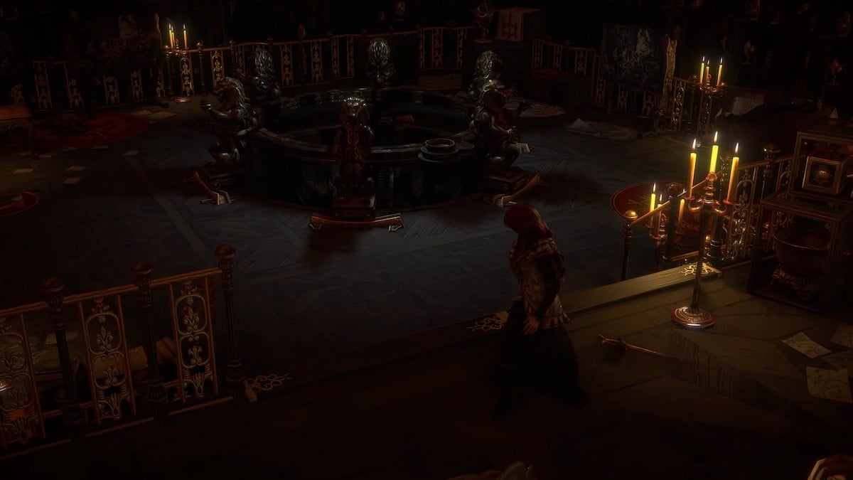 A scene from the Siege of Atlas trailer for Path of Exile, showing a young women in a dark room throwing down a golden sword.