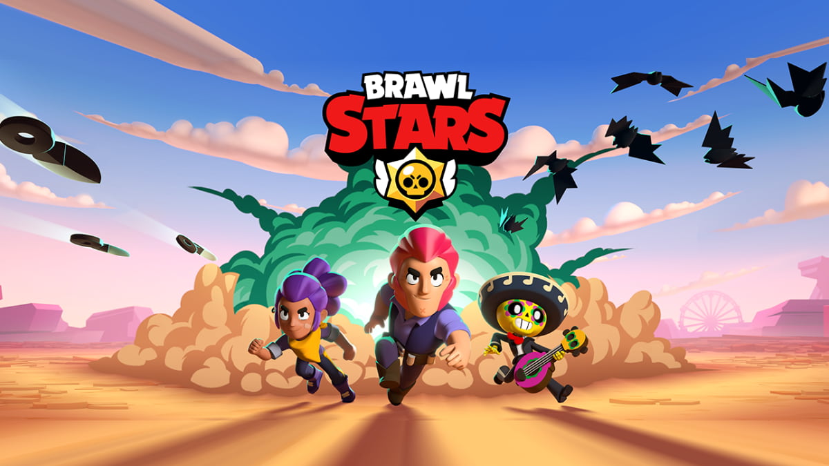 Poco, Colt, and Shelly in front of the Brawl Stars Logo