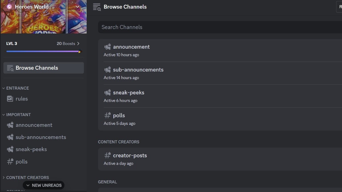 The channel list for the Roblox World Heroes Discord