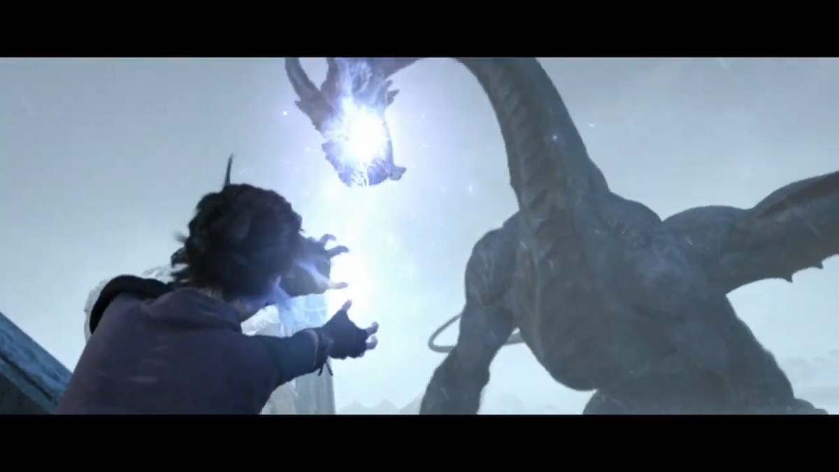 A mage shoots blue-white magic at a dragon in Dragon Age: Origins.