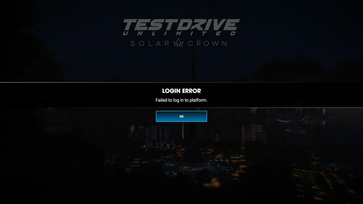 Test Drive Unlimited Solar Crown login failed error screen