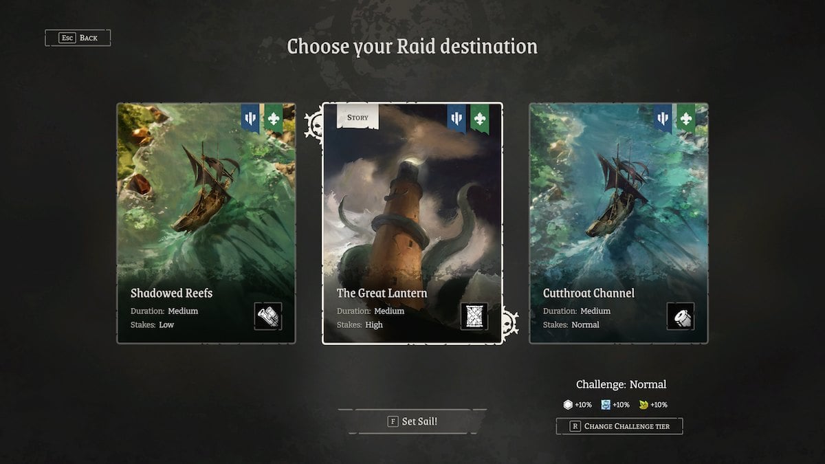 Three raid choices in Rogue Waters.