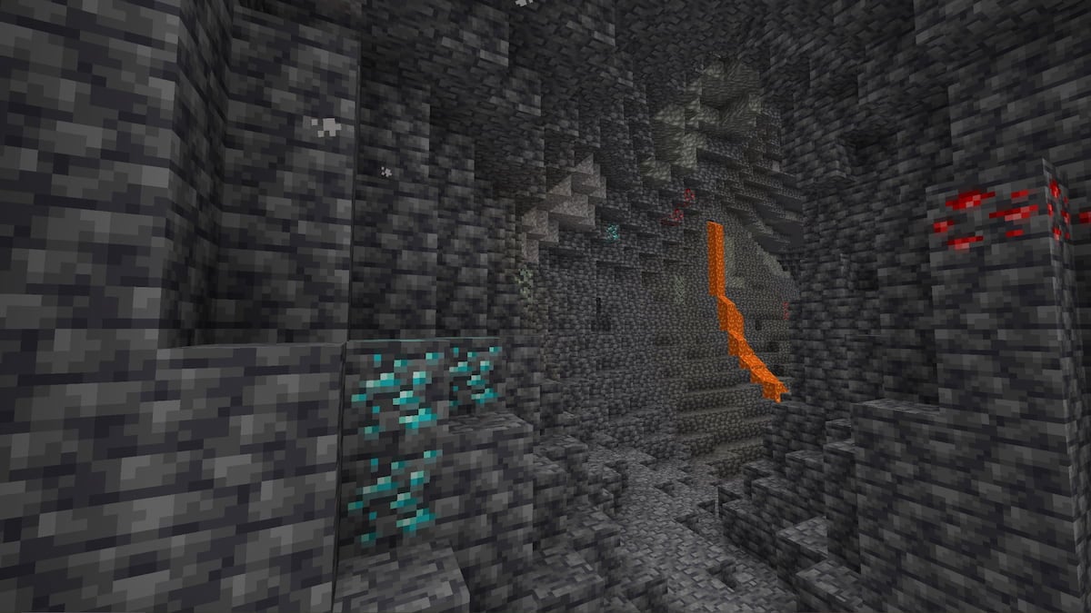 A Minecraft cave with diamonds in the wall