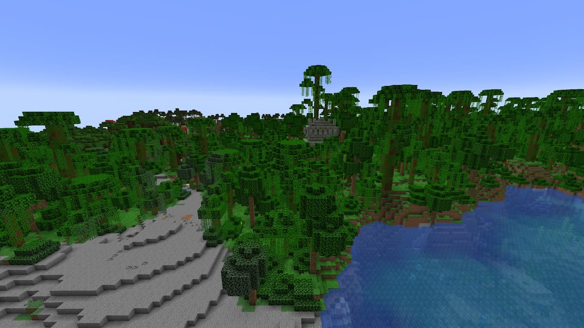 A Jungle Temple on top of a few jungle trees in Minecraft