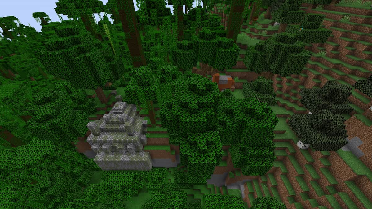 A set of Trail Ruins next to a Jungle Temple in Minecraft