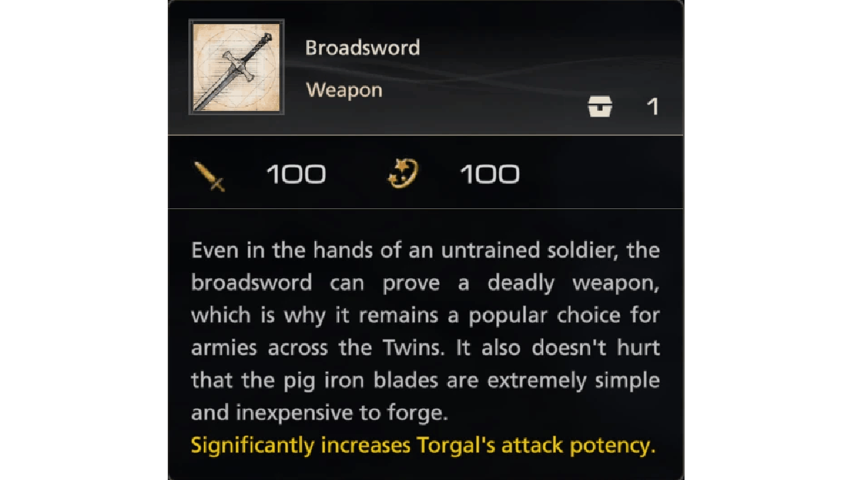 Description of the Broadsword with a modded effect that increases Torgal's attack potency  in Final Fantasy XVI.