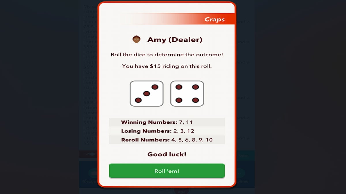 The Craps Casino Game in BitLife